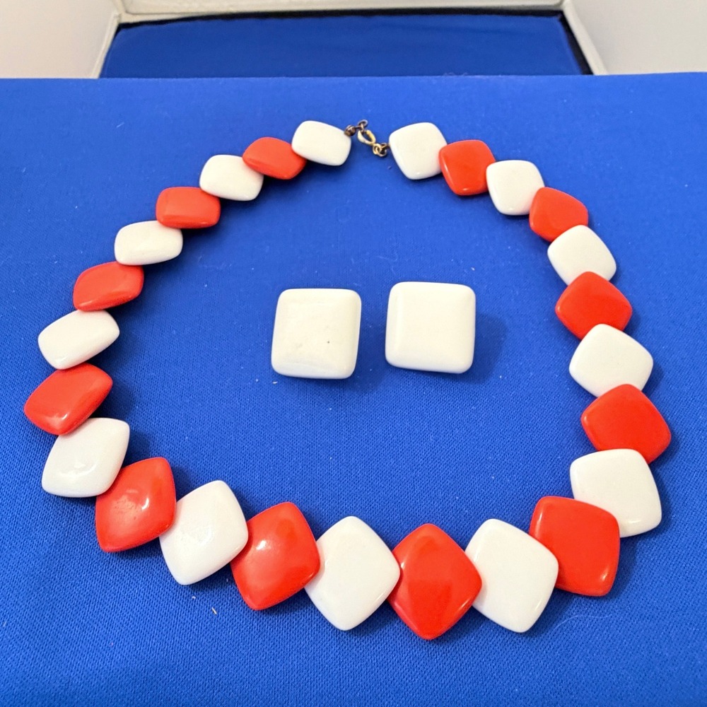Vintage Red White Square Bead Necklace and Clip On Earring Set Retro Mod